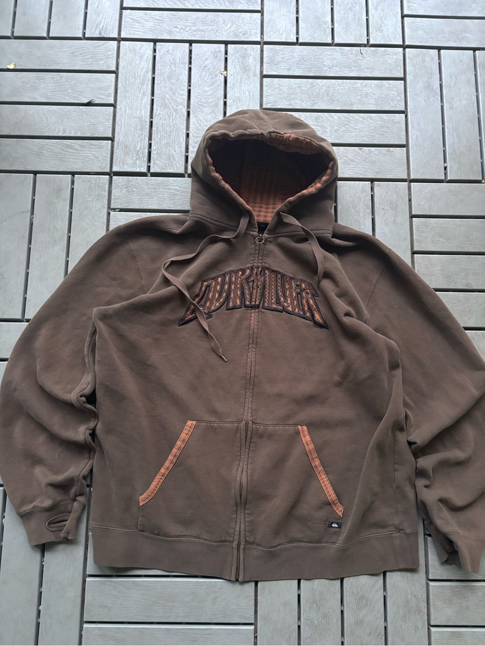 Quiksilver Brown Full-Zip Hooded Sweater with Plaid Trim